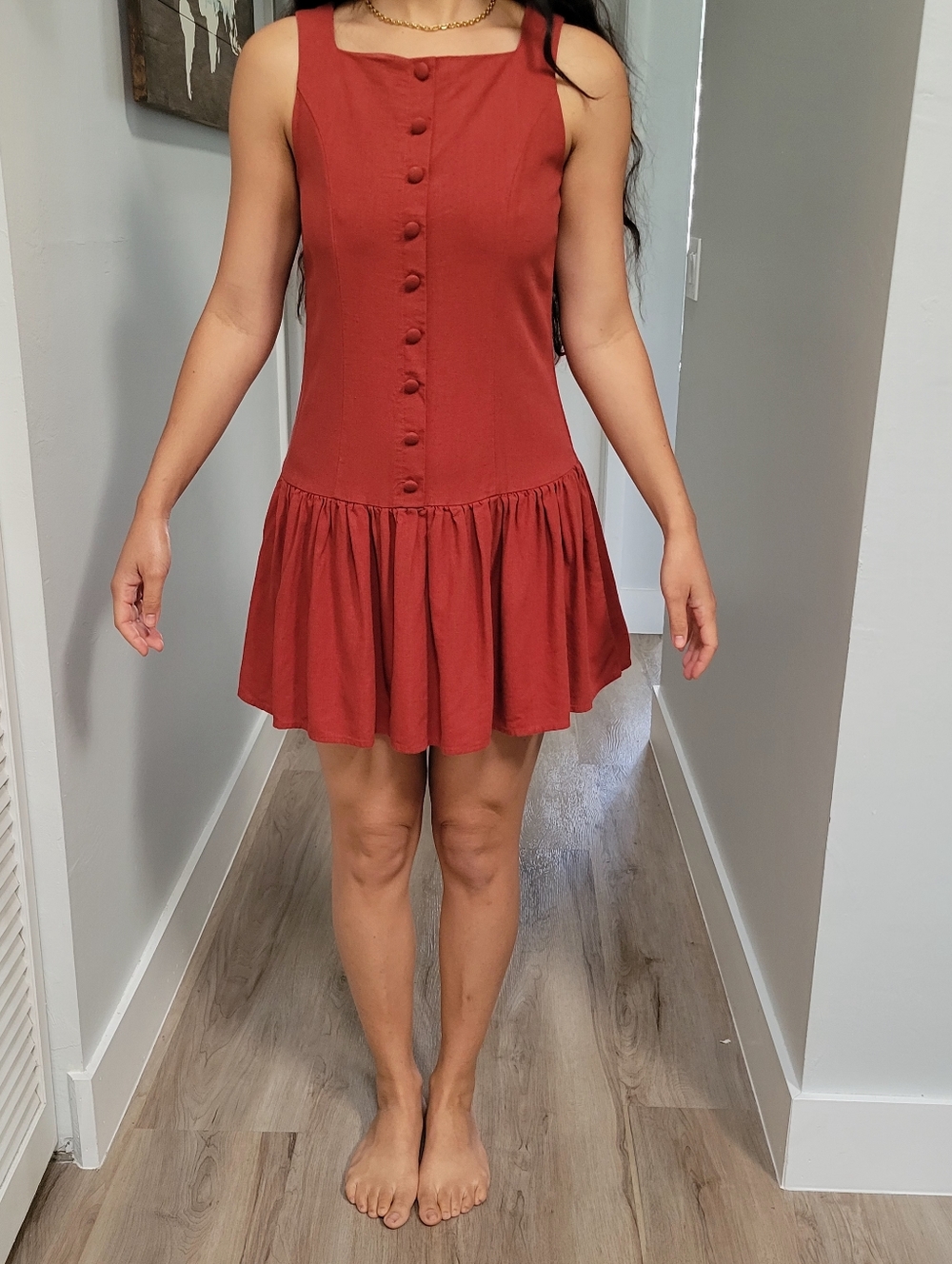 WAYF Martini Mini Dress Womens S Linen Blend Button Front Drop Waist Ruffle Red